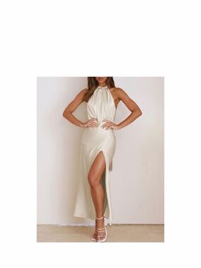 Elegant Cream Halter Satin Maxi Dress with Thigh Slit